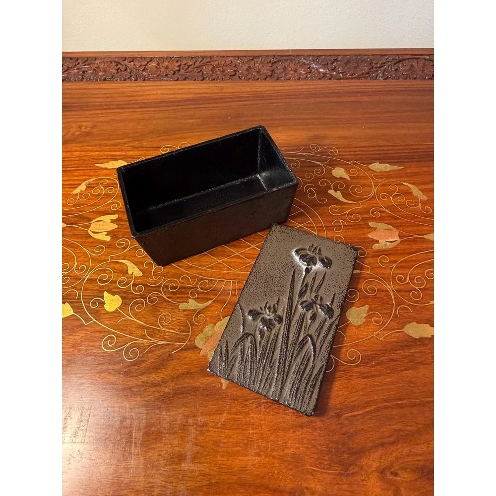 Vintage Cast‎ Iron Jewelry Box with Iris Relief Design